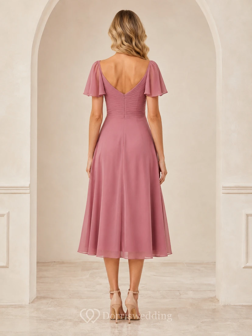 Dusty Rose Ruched Waist Flutter Sleeve Midi Dress view 2