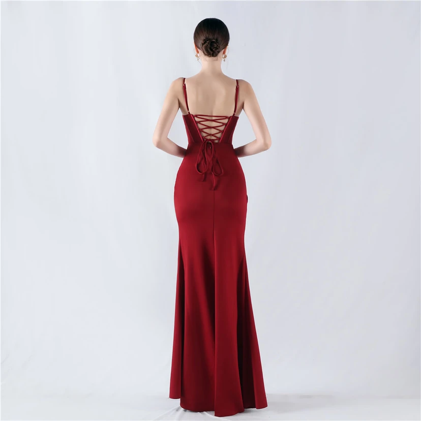 Fishbone Waist Set Crystal Diamond Satin Host Evening Dress view 15