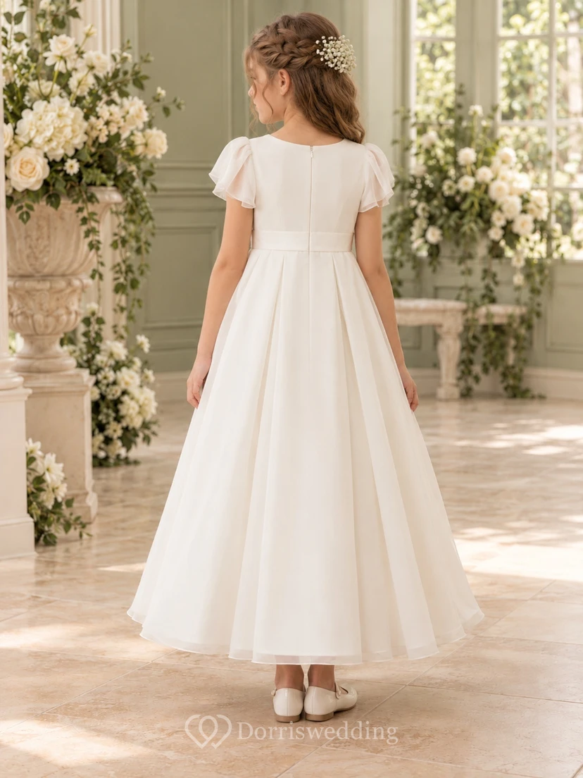 Ivory Flutter Sleeve Floral Sash Ankle-length Chiffon Flower Girl Dress view 2