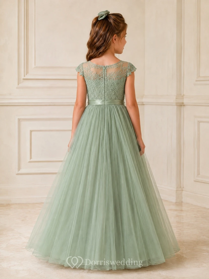 A-Line Tulle Lace Sage Flower Girl Elegant Dress view 2