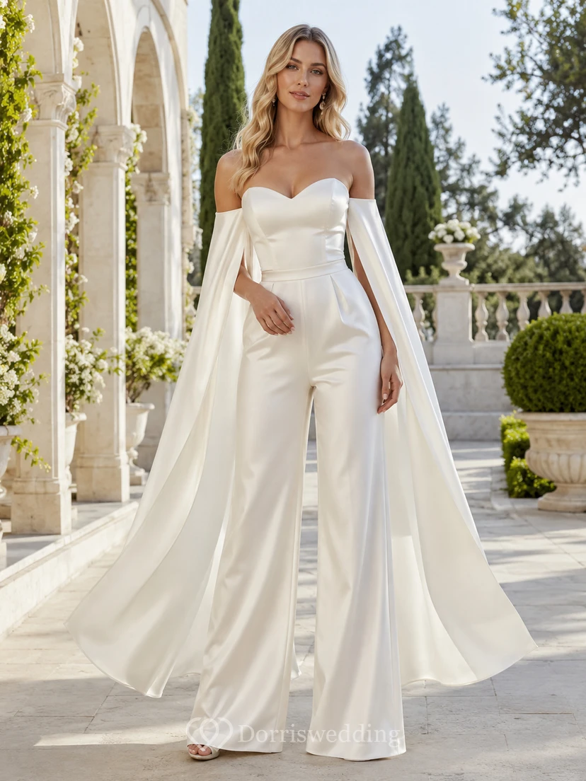 Minimalist Satin Chiffon Wedding Jumpsuit Off Shoulder Sweep Train