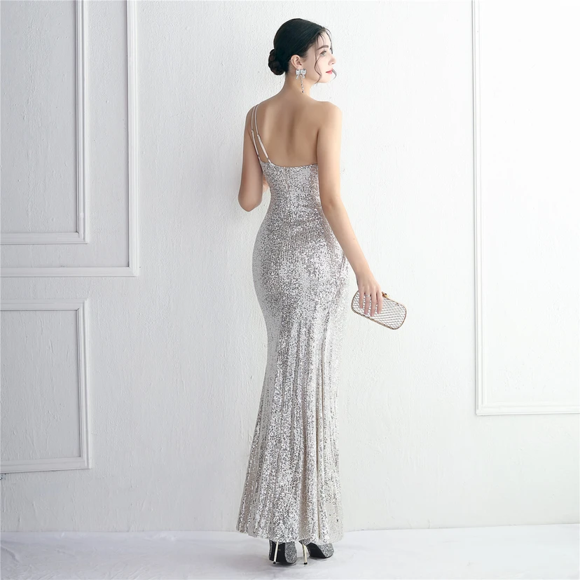 Sequined One-Shoulder Celebrity Cold Banquet Slit Long Sequin Aura Queen Dinner Fishtail Dress view 69