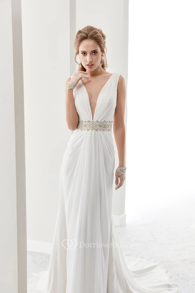 Deep-V Chiffon Draping Bridal Gown With Pleated Details And Open Back view 3
