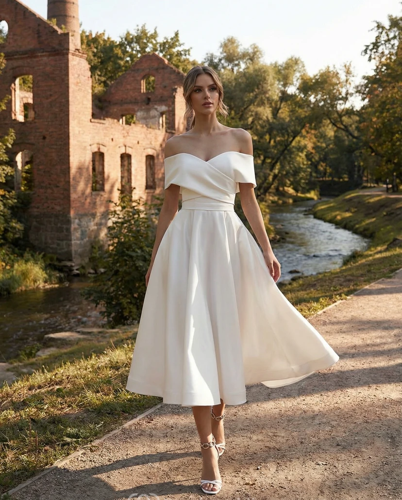 Robe de mariée mi-longue en satin à épaules dénudées