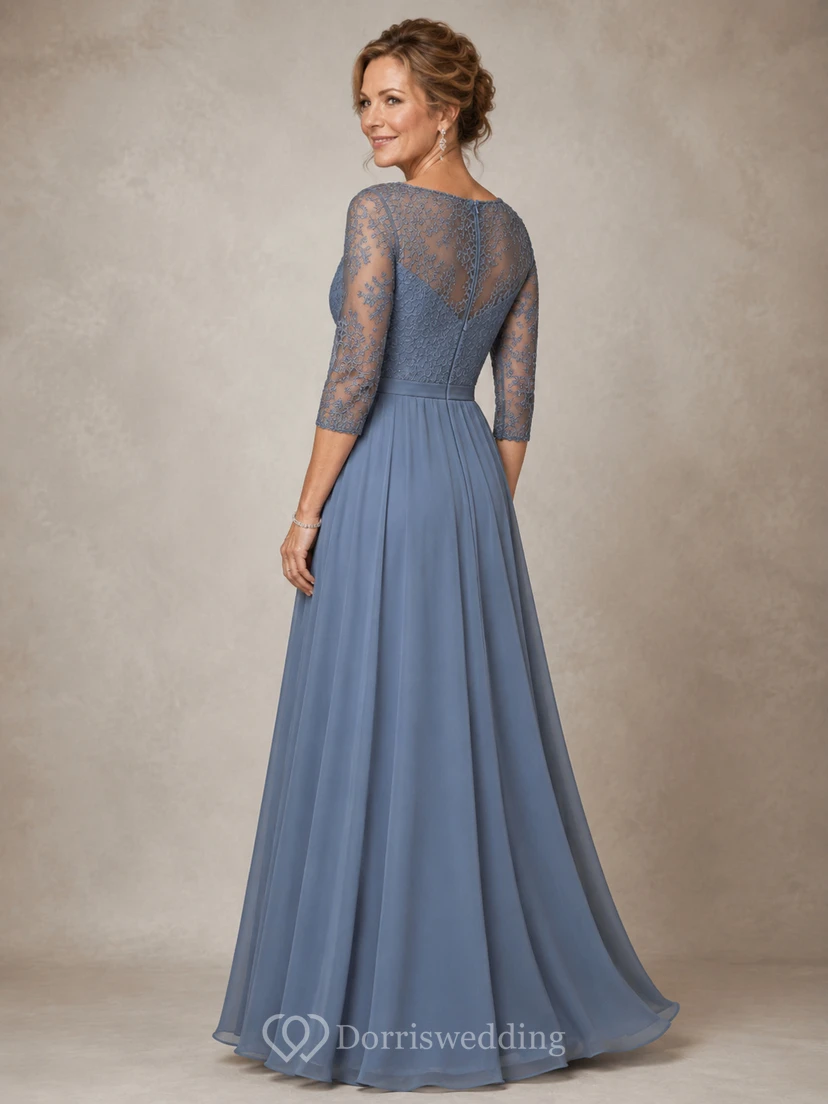 A-Linien-Kleid aus Chiffon mit U-Boot-Ausschnitt, 3/4-Ärmeln und Spitze view 2