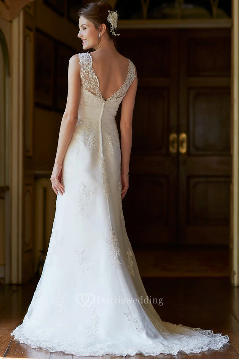 A-Line Bateau Appliqued Maxi Sleeveless Lace Wedding Dress With Low-V Back And Sweep Train view 2