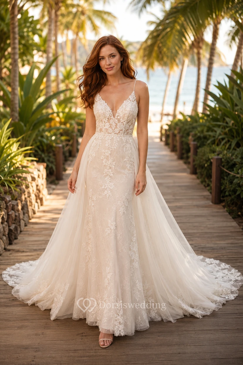 Spaghetti Strap Lace A-Line Beach Wedding Dress