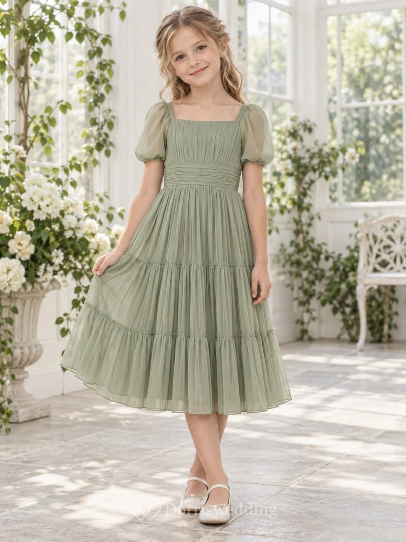 Square Neck Tea-length Sage Puff Sleeve Pleated Chiffon Flower Girl Dress