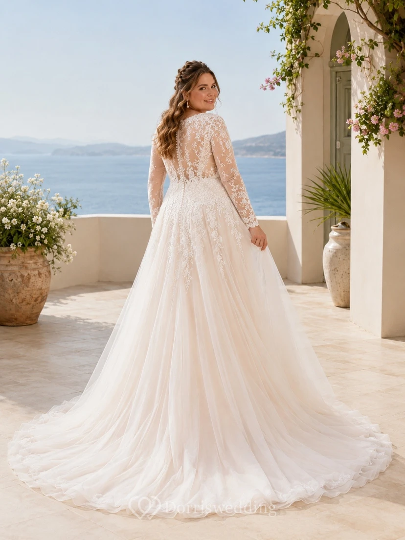 Vestido de novia sencillo de talla grande con escote en V, manga larga y corte en A. view 2
