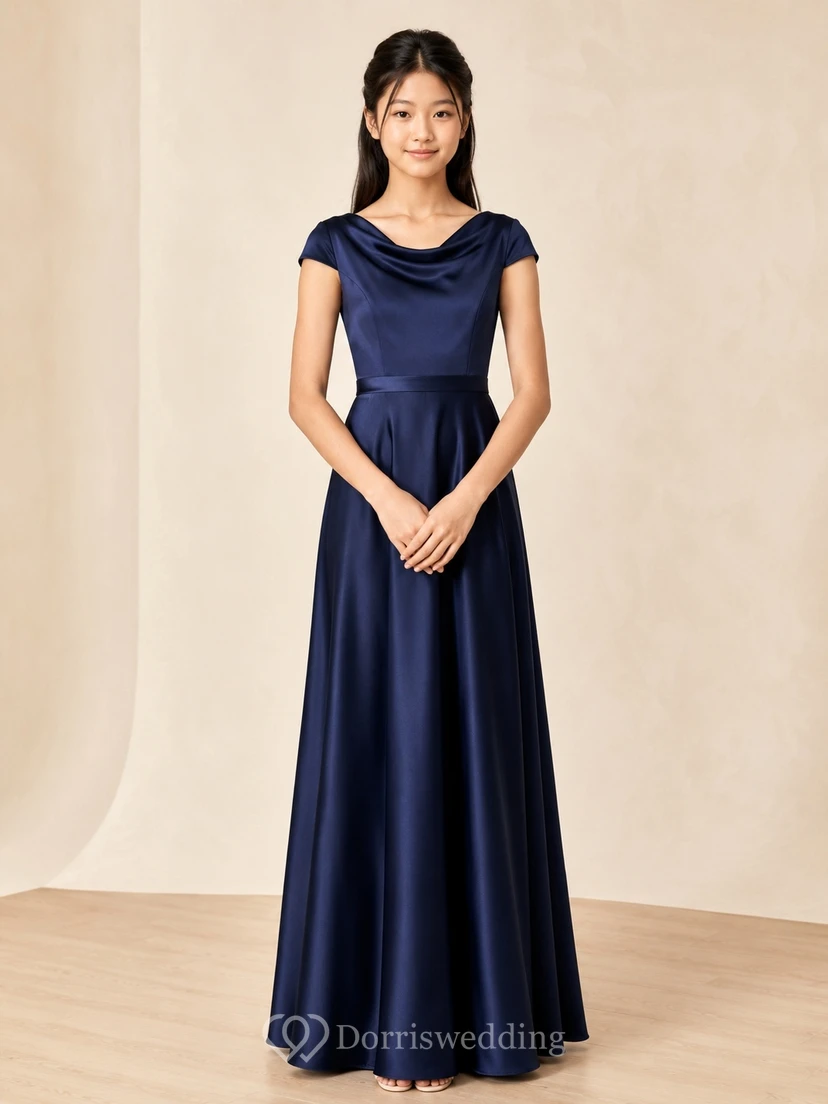 Dark Navy Junior Bridesmaid Dress A-Line Cowl Short Sleeve Satin Modern