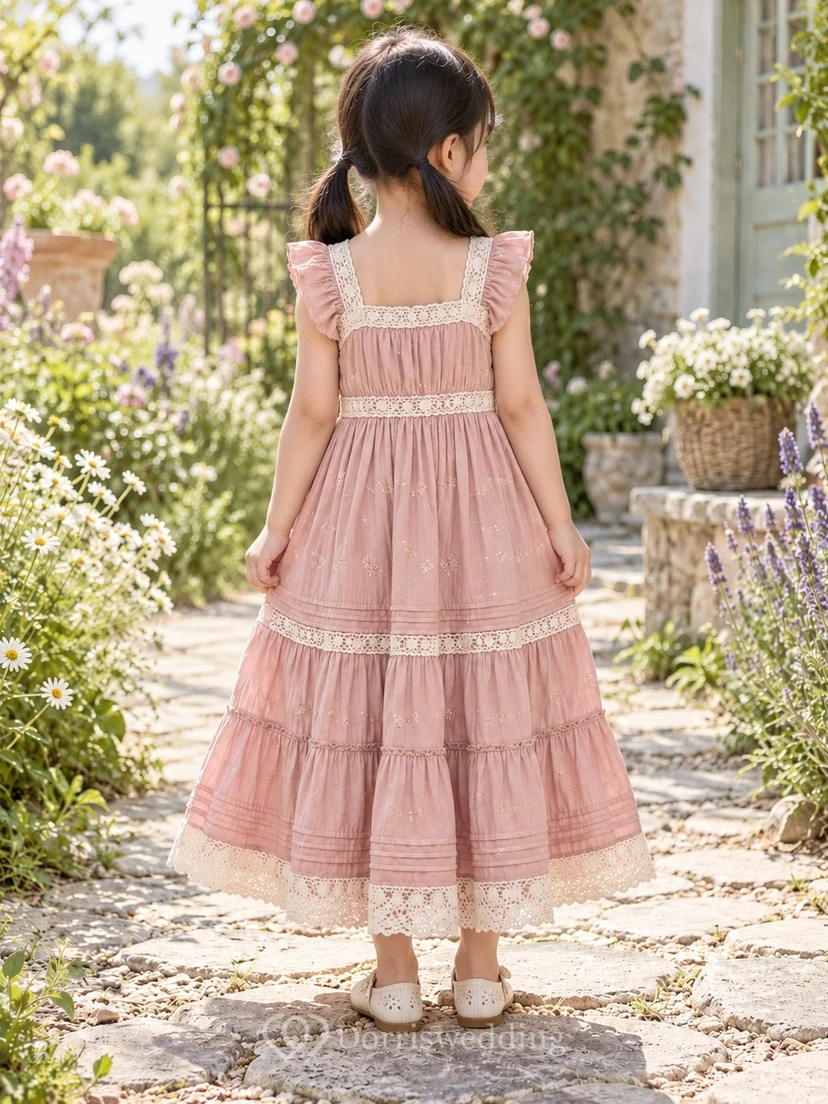 Boho Tea-length Square-Neck Pink Summer A-line Ruffle-sleeve Lace-trimmed Flower Girl Dress view 2