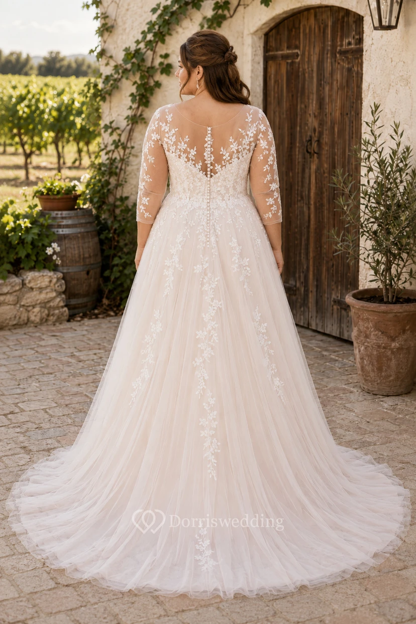 Plus Size Brautkleid in A-Linie mit langen Ärmeln aus Spitze und Applikationsschleppe view 2