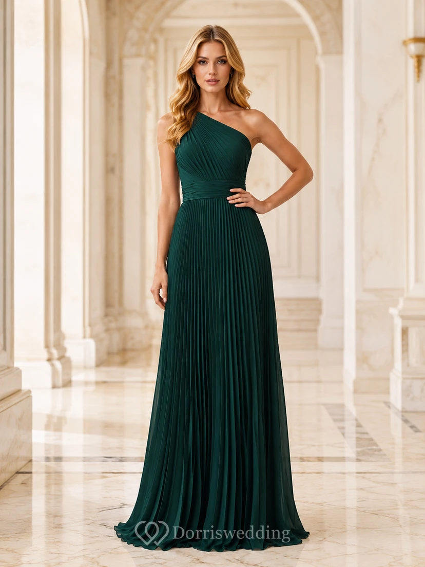 Vestido columna de gasa plisada de un solo hombro color verde oscuro