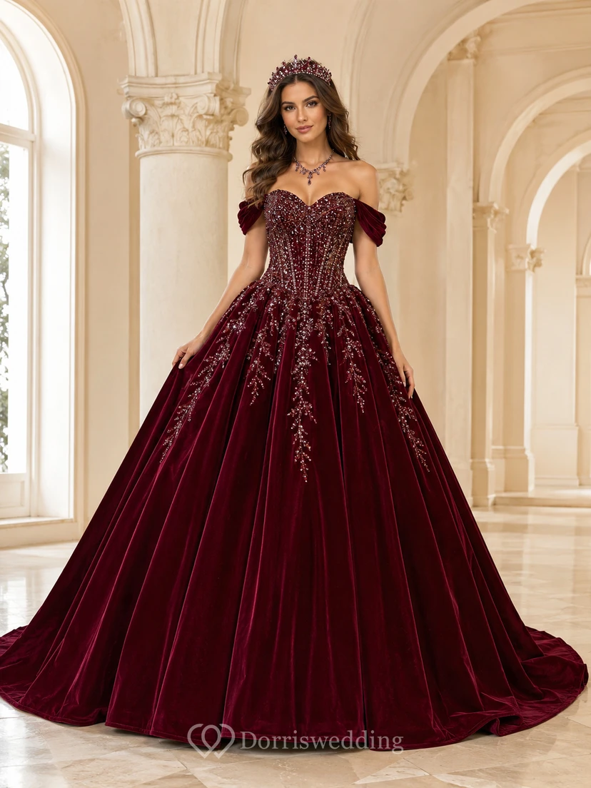 Robe de bal princesse bordeaux en velours cristal à épaules dénudées et traîne chapelle, épaules dénudées, épaules et cristaux