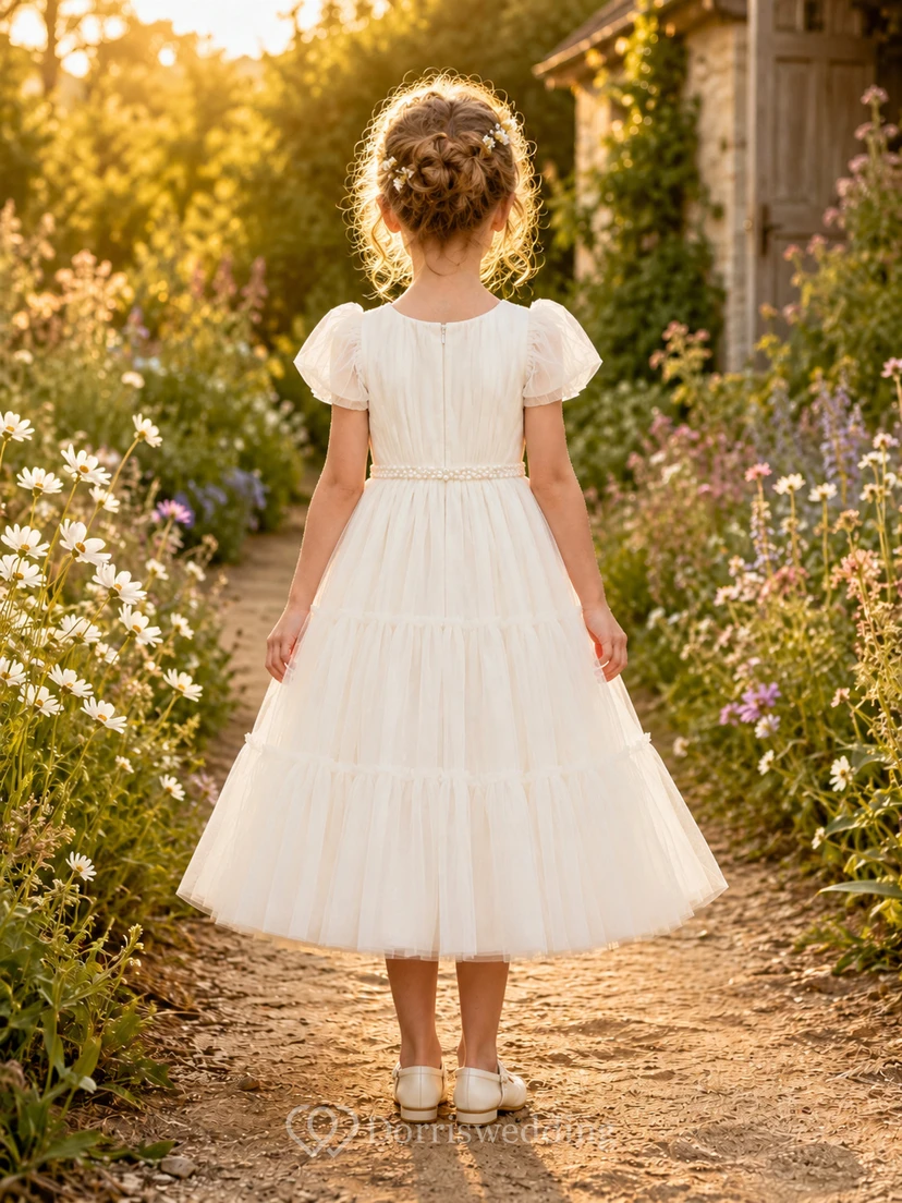 Flower Girl Dress Ivory Lace Tulle A-Line Jewel Neck Tea Length view 2