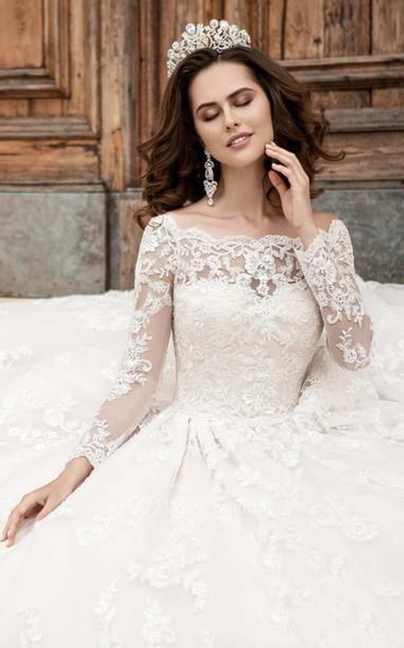 A-Line Mini Off-The-Shoulder Long Sleeve Bell Pleats Beading Appliques Court Train Button Lace Bridal Dress view 2