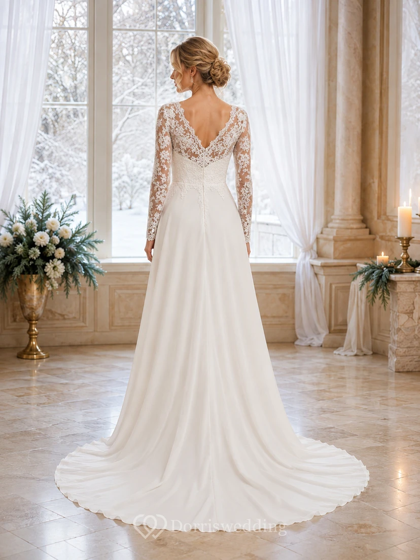 Affordable Long Sleeve Lace V-Neck Chiffon Winter Bridal Gown view 2