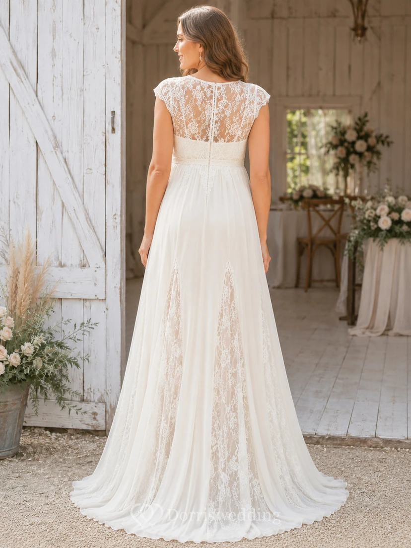 Maternity V Neck Cap Lace Sleeve Empire Chiffon A-Line Sweep Wedding Gown view 2