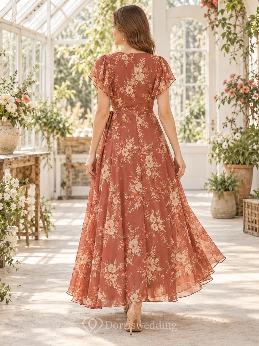 Boho Vermilion Floral V-neck Flutter Sleeve Chiffon Ankle Length Bridesmaid Dress view 2