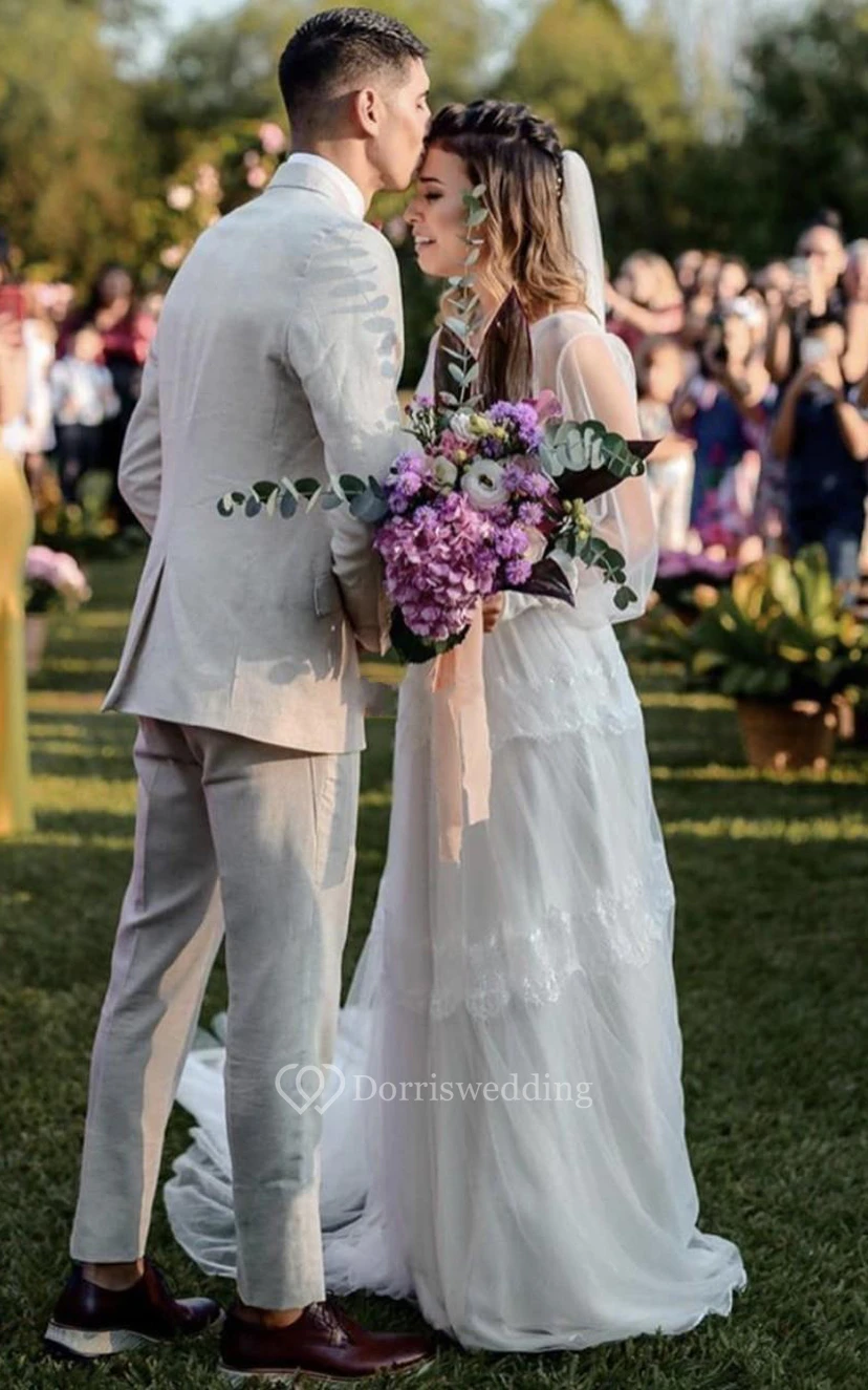Tulle Floor-length Chapel Train A Line Long Sleeve Modest Ethereal Wedding Dress view 2