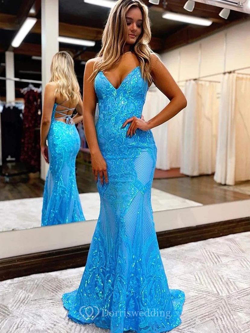 Spaghetti Mermaid Lace Sequin Sexy Exquisite Prom Dress