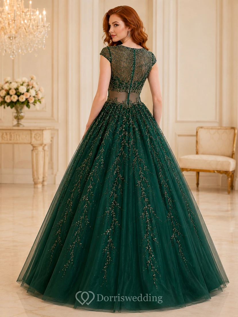Dunkelgrünes, goldenes Luxus-Ballkleid für süße Sechzehnjährige, zweiteilig, mit Perlen besetzt und mit kurzen Ärmeln view 2