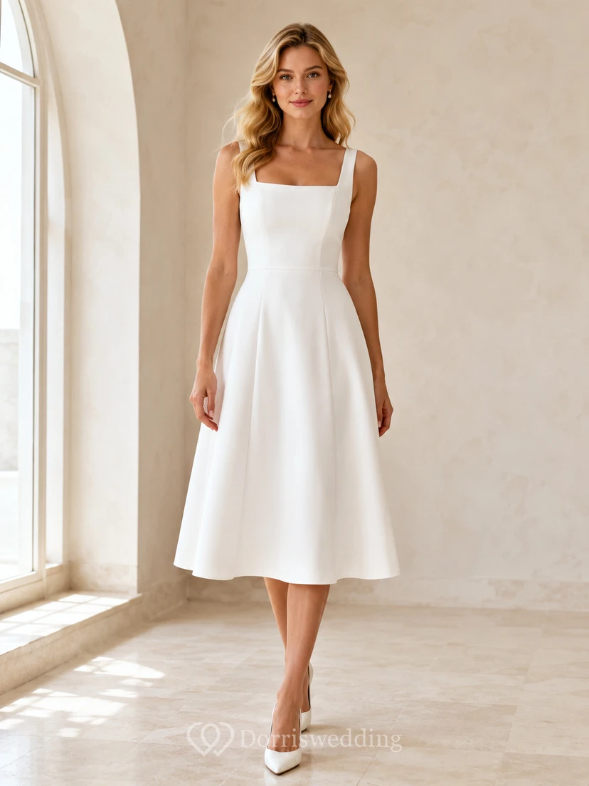 Vestido de novia sencillo de corte A, largo hasta la rodilla, escote cuadrado, sin mangas, de satén, corte A, estilo vintage.