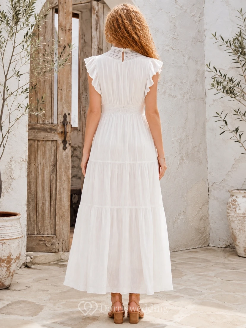 White High Neck Ruffle Sleeve Tiered Chiffon Tea-Length Dress view 2