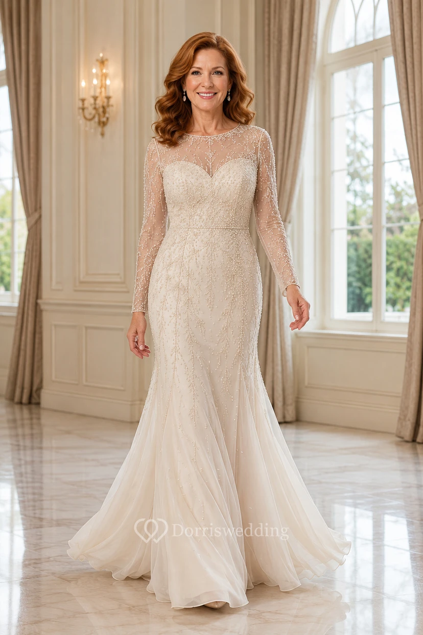 MOB Dress Ivory Lace Tulle Mermaid Long Sleeve Bateau Neck Sweep Train