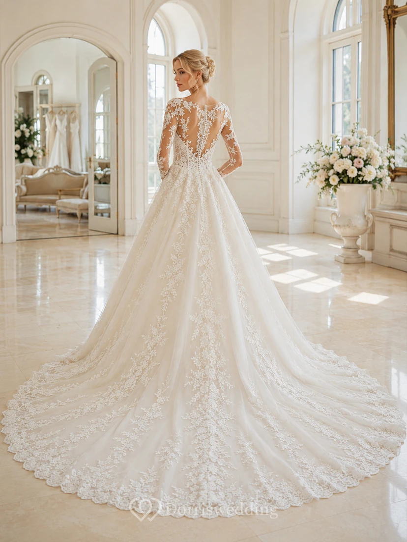 Robe de bal en dentelle illusion, col montant, manches longues, traîne cathédrale, applications florales, robe de mariée champêtre view 2