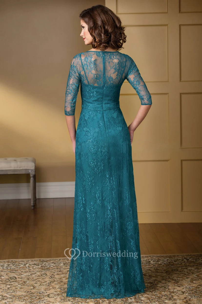 3-4 Sleeved V-Neck Lace Gown With Beadings And Illusion Back view 2