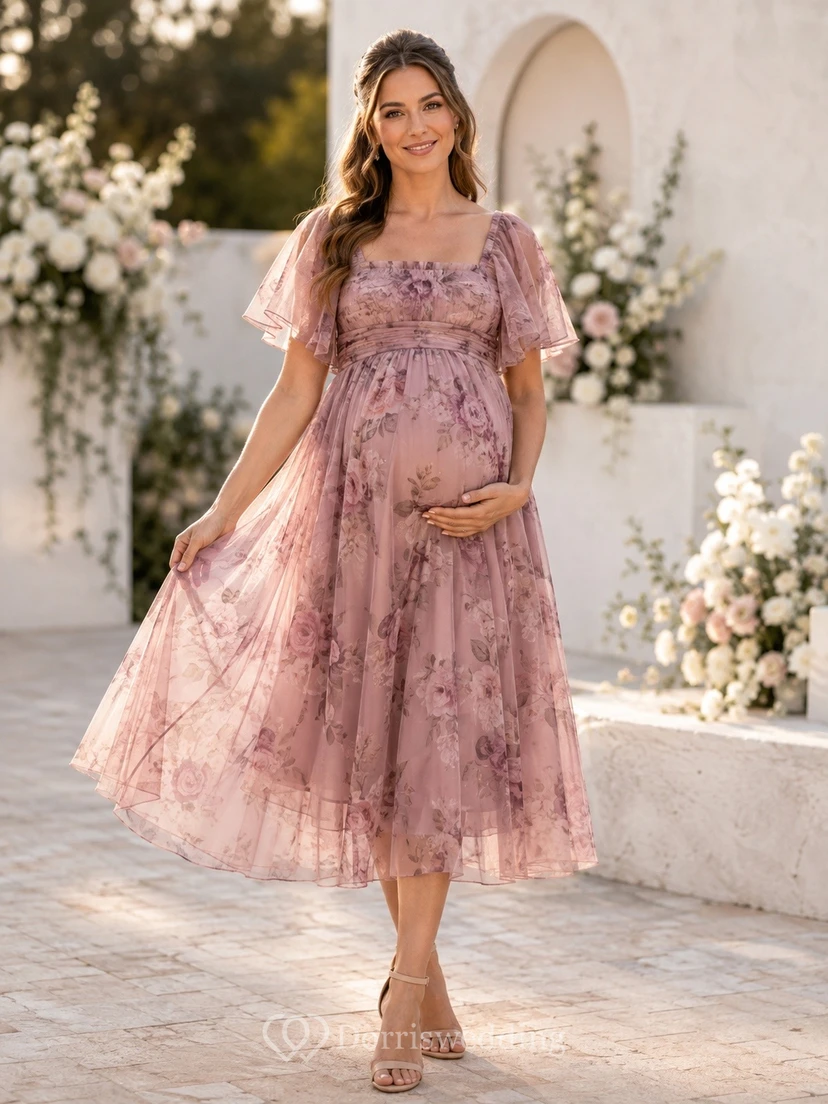 Fine Lavender Chiffon V-Neck Short Sleeve A-Line Knee Length Maternity Gown