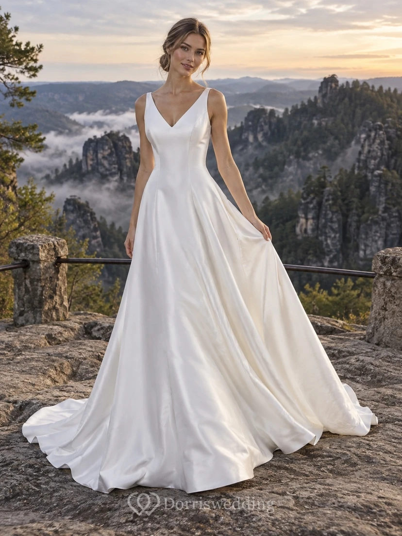Vestido de novia sencillo de satén con escote en V, corte en A, sin mangas y cola.
