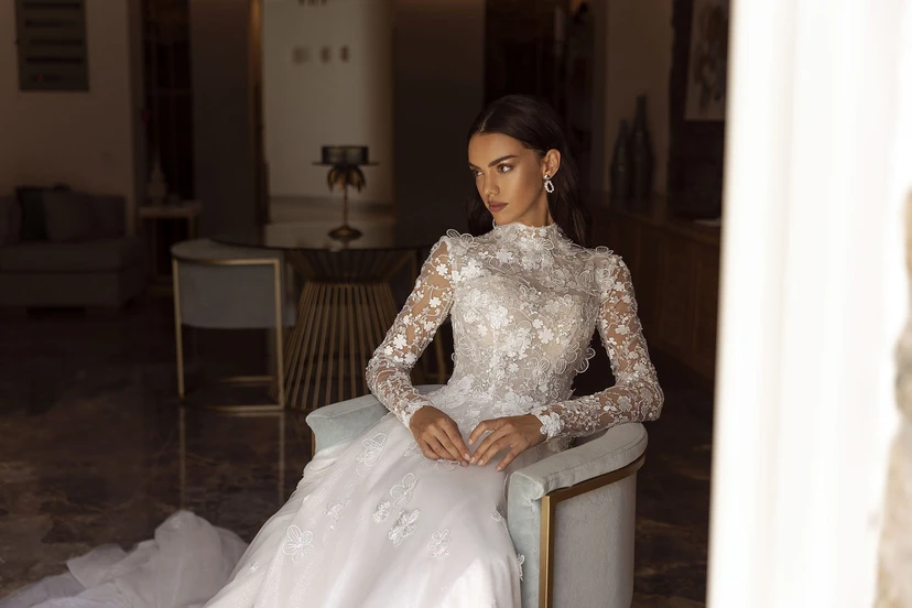 Long-Sleeve Modest Wedding Dress | High Turtle Neck Lace  Ivory Bridal Gown view 5