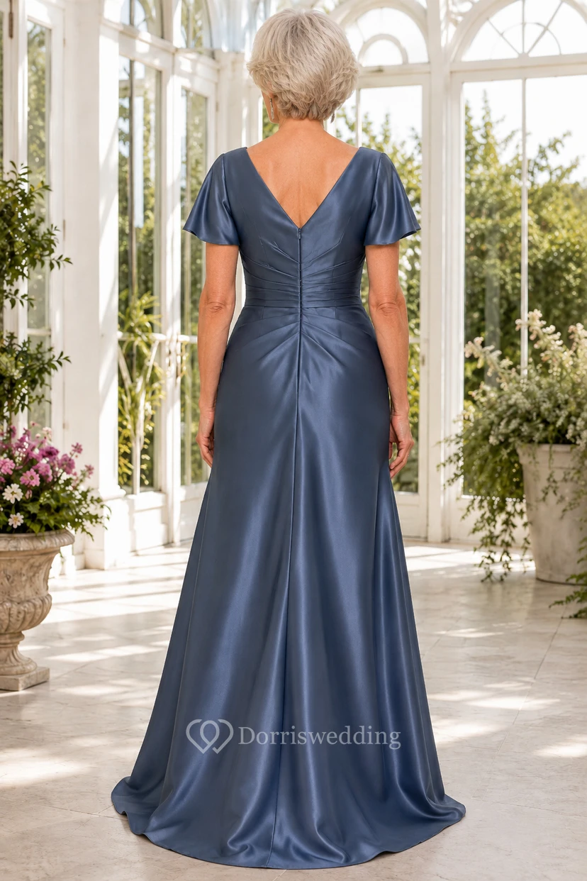 Stahlblaues Meerjungfrauen-Mutterkleid aus Satin mit flatternden Ärmeln view 2