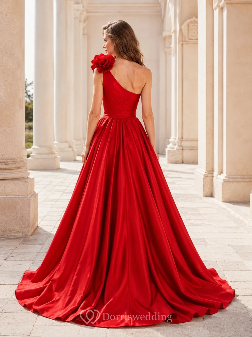 Red One Shoulder Satin Flower Ball Gown Classic view 2