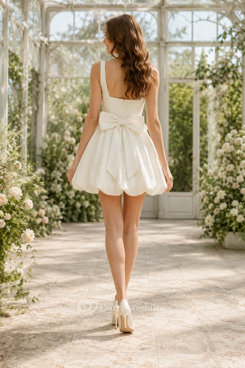 Vestido de novia corto de satén con escote cuadrado y corte en A, espalda con lazo. view 2