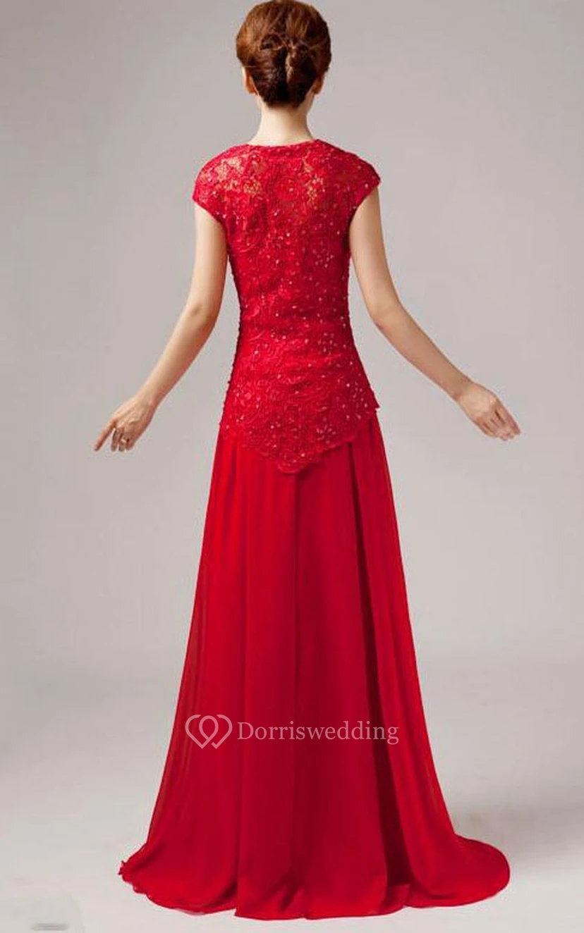 Elegant Short Sleeves A-Line Lace Floor Length Prom Dress view 2