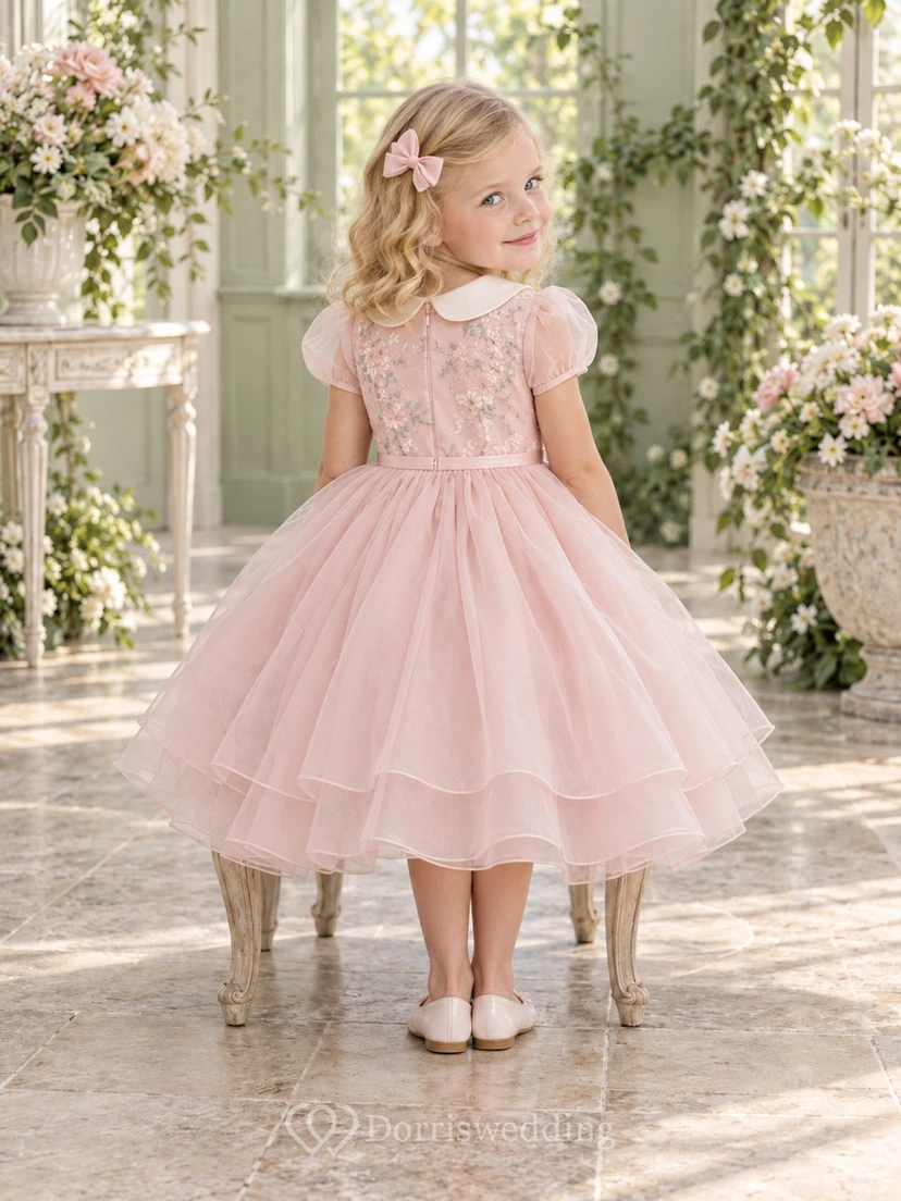 Vintage rosa A-Linien-Kleid aus Spitze und Tüll mit Kragen, Puffärmeln und Stufenrock für Blumenmädchen view 2