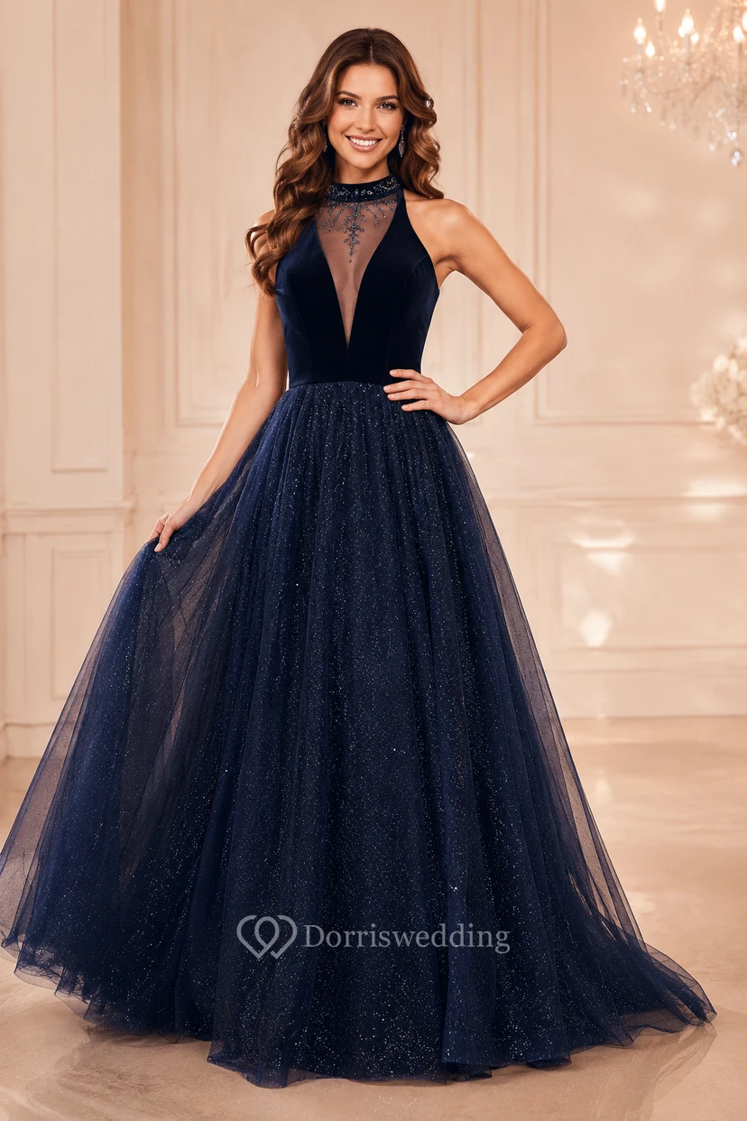 Dark Navy Halter Tulle Ball Gown with Illusion Bodice and Full Skirt