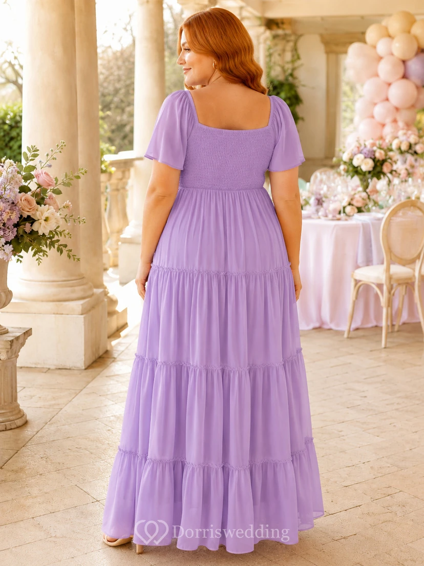 Vestido de maternidad romántico de gasa de manga corta y corte cuadrado, estilo imperio, color lila, color lavanda, para celebrar. view 2