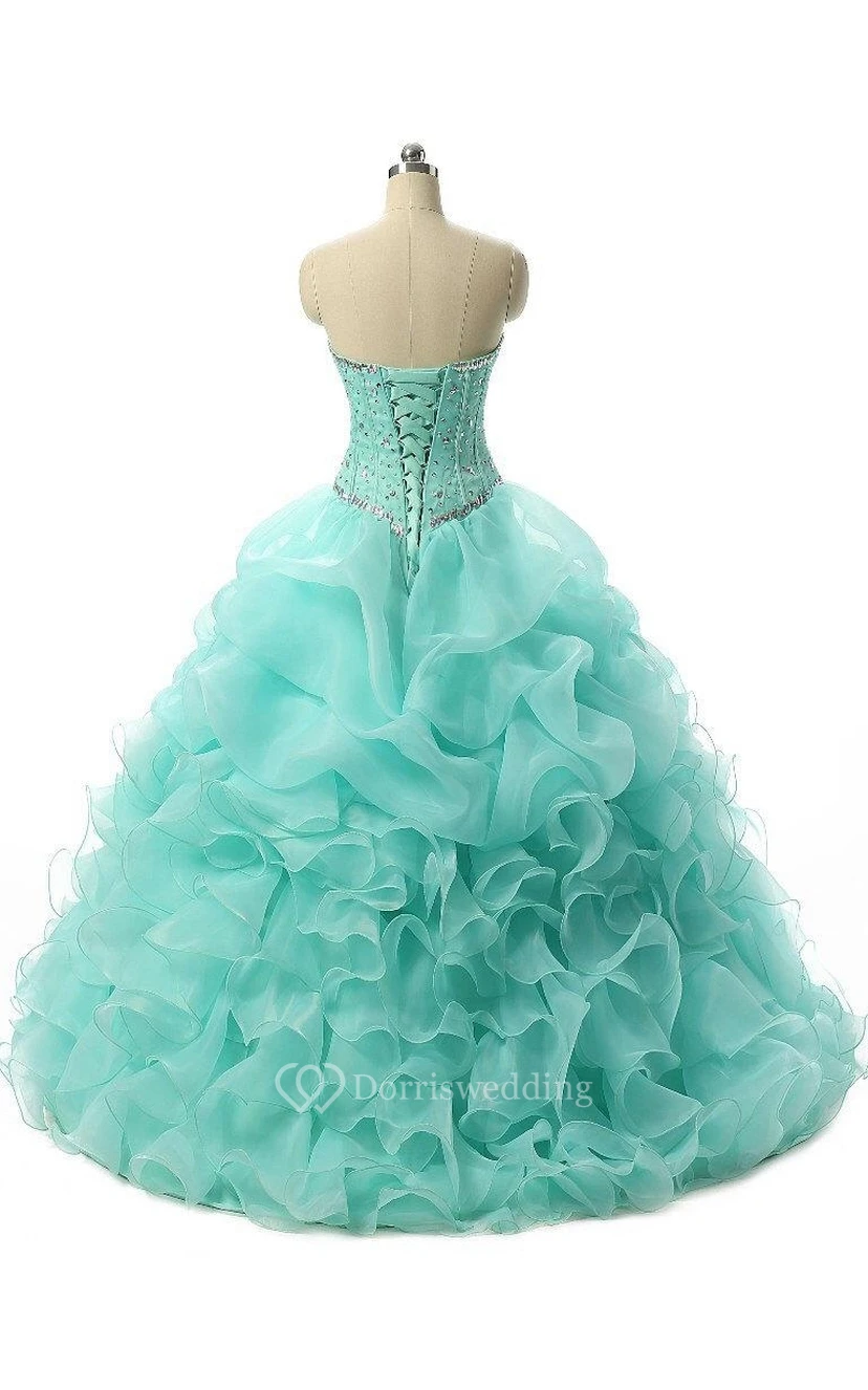 Vestido de gala largo hasta el suelo, escote corazón, sin mangas, volantes, lentejuelas y organza view 14