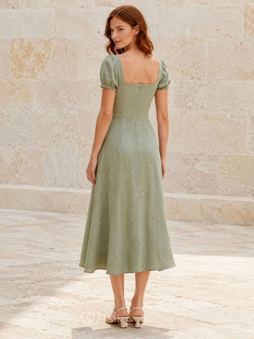 Sage square neck puff sleeve A-line midi dress slit view 2