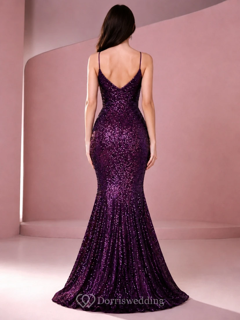 Purple Sequined Mermaid Plunging V-Neck Spaghetti Strap Sweep Train Prom Dress view 2