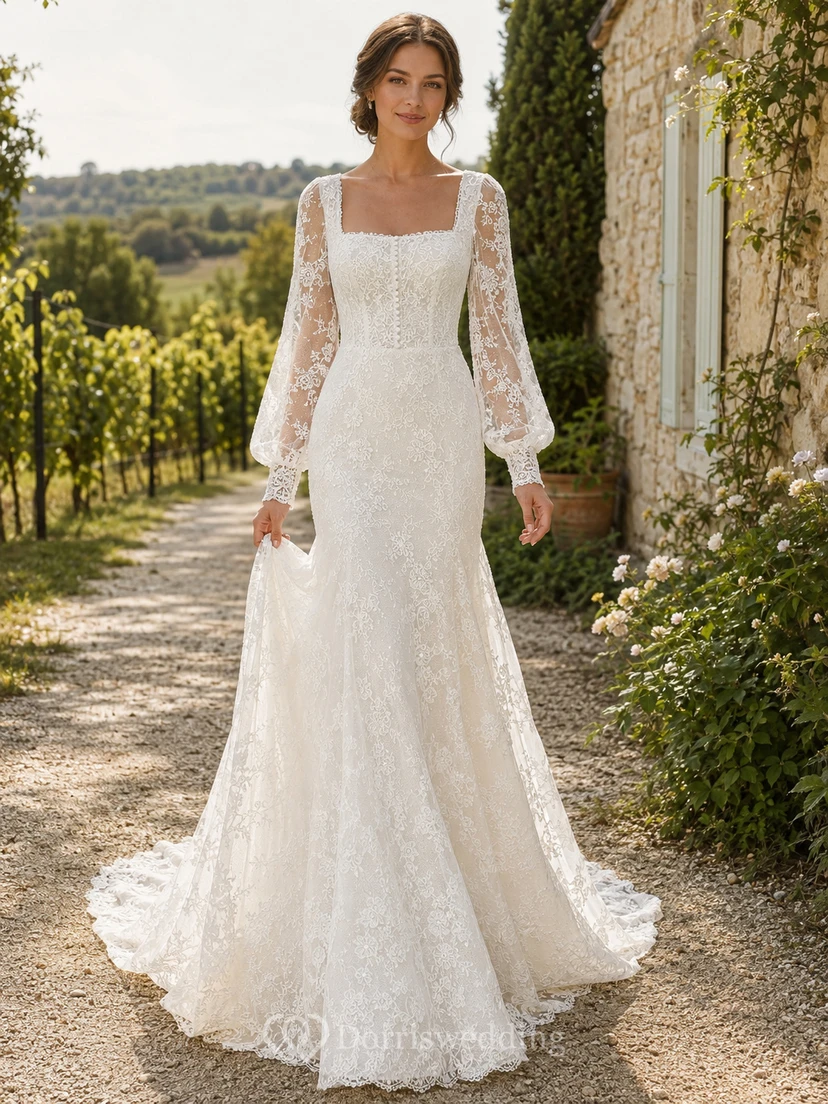 Robe de mariée bohème style champêtre à col carré, manches longues en dentelle illusion et traîne chapelle