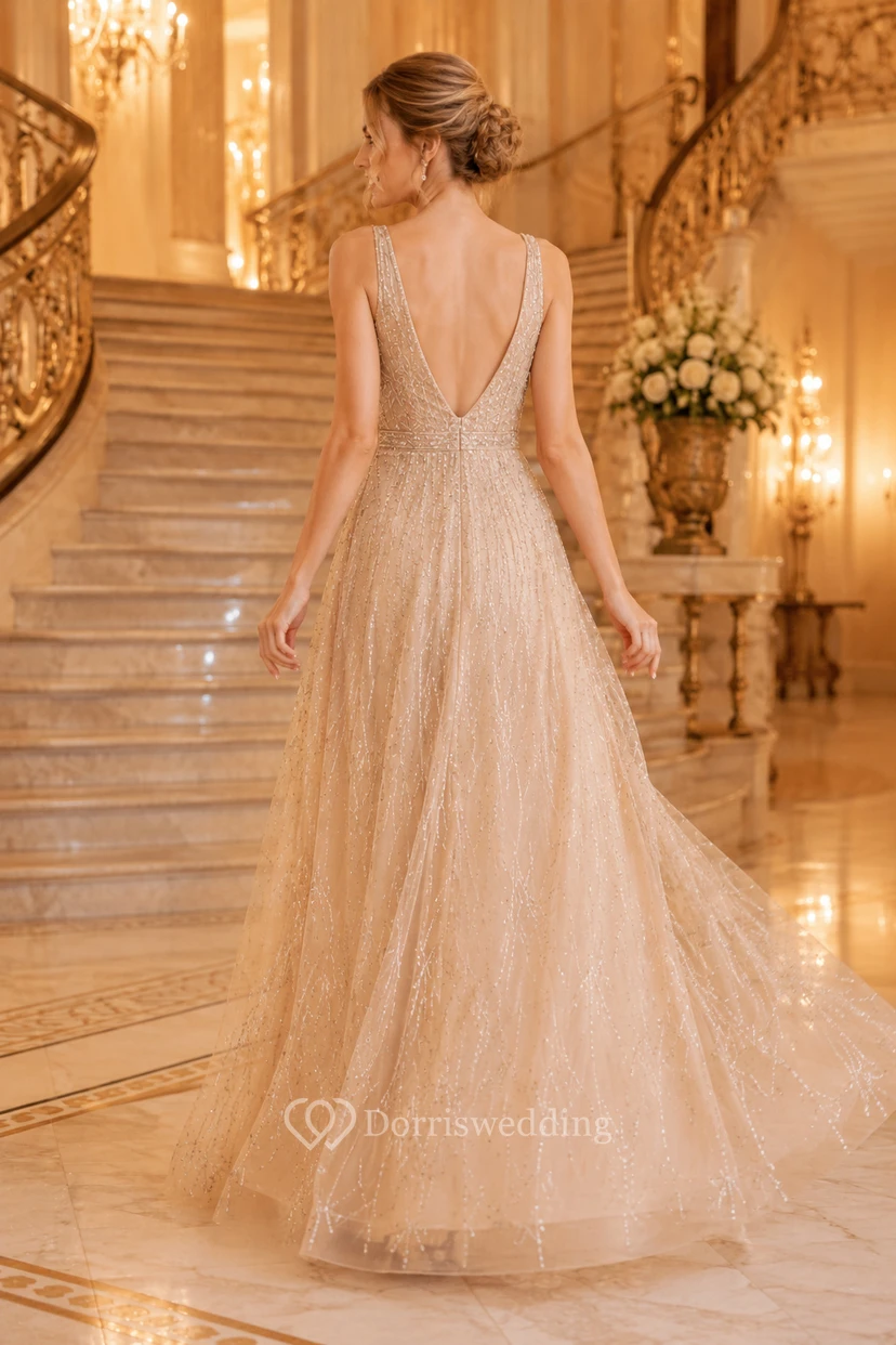 Champagnerfarbenes, perlenbesetztes A-Linien-Abendkleid mit V-Ausschnitt und Tüllrock view 2