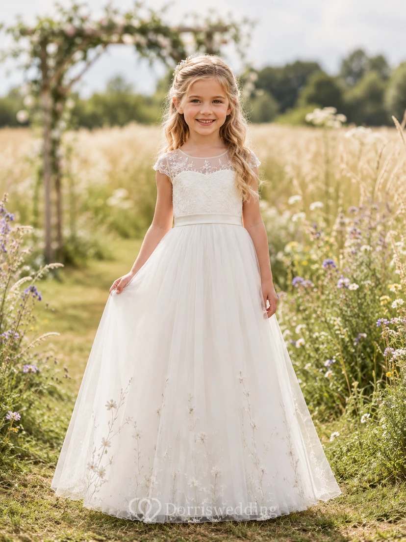 Ivory Floor-Length Ball Gown Flower Girl Dress with Lace Cap Sleeves, Illusion Scoop Neckline, Botanical Hem and Zipper Back