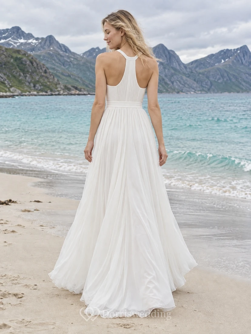 Vestido de novia sencillo de voile de algodón con escote redondo, corte en A, espalda deportiva y cintura fruncida. view 2