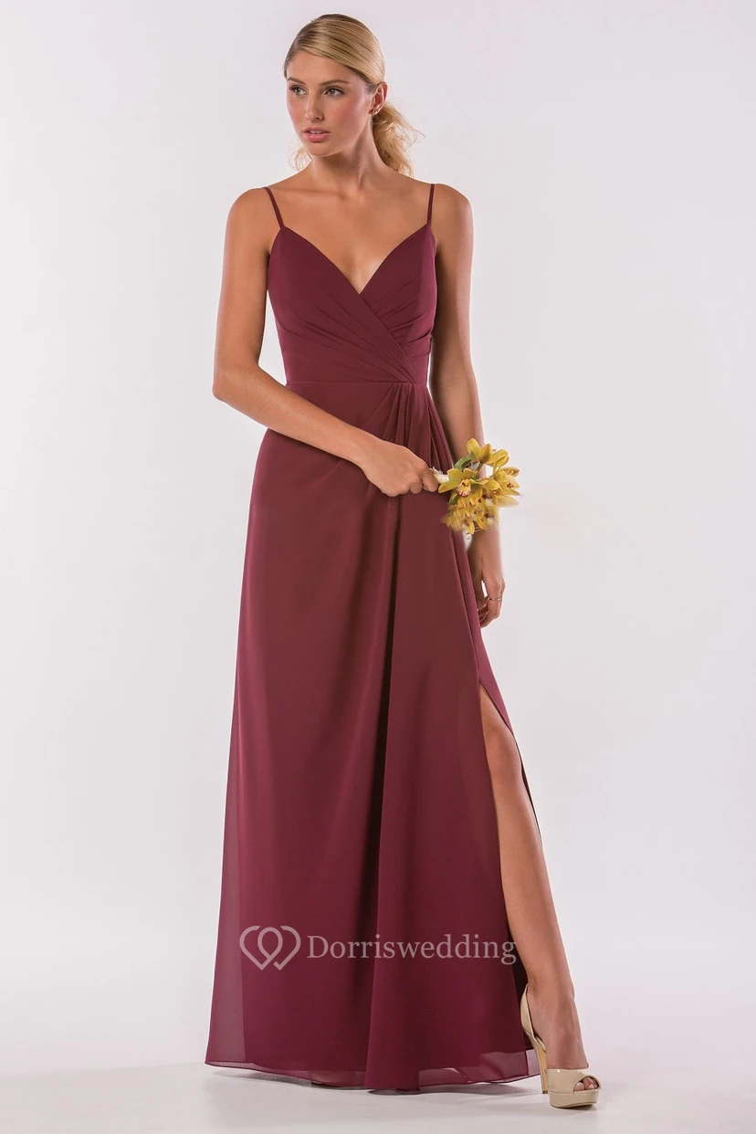 Sleeveless V-Neck Gown With Spaghetti Straps And Ruffles