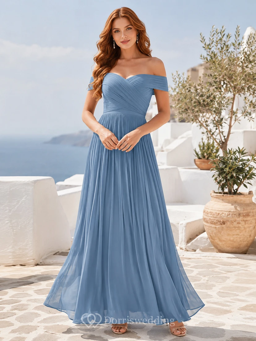 Steel Blue Off Shoulder Pleated Chiffon Guest Dress